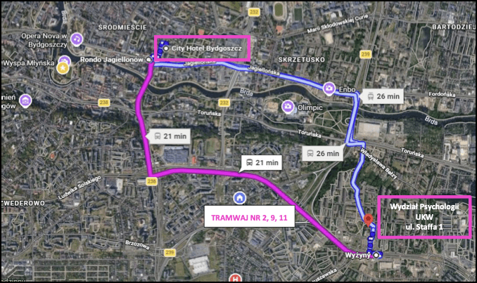 Mapa dojazdu tramwajem nr 2, 9 i 11 z Wydziału Psychologii UKW przy ul. Staffa 1 do Hotelu City
